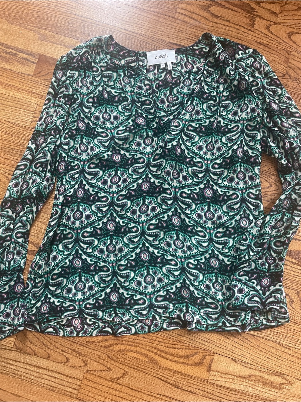 ba&sh FEL Viscose Georgette Green Paisley Long-Sleeve V-Neck Blouse Medium - Picture 6 of 9